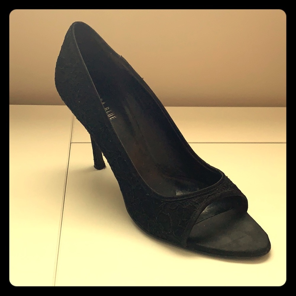 Black lace open toe heels
